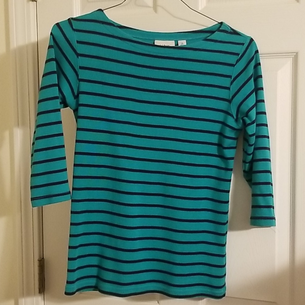 Llbean Green Striped Top Jersey Cotton Sweater S